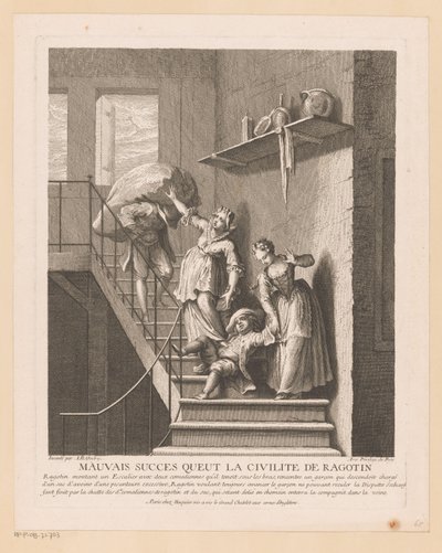 Ragotin träffade två damer på en fälla Dålig framgång som Ragotins hövlighet hade (titel på objekt) Scener från Roman Comique van Scarron (serietitel) av Jean Baptiste Oudry