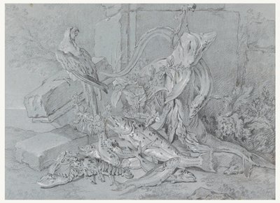 Stilleben med fisk och papegoja av Jean Baptiste Oudry