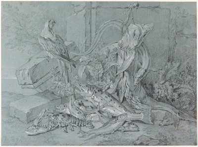 Stilleben med fisk och papegoja av Jean Baptiste Oudry