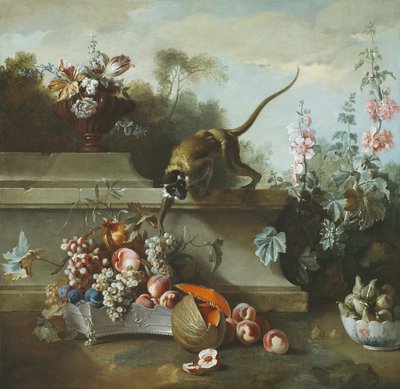 Stilleben med apa, frukter och blommor, 1724 av Jean Baptiste Oudry