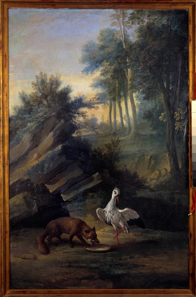 Räven och storken. Illustration av en fabel av Jean de La Fontaine (1621-1695). Målning av Jean Baptiste Oudry (1686-1755) av Jean Baptiste Oudry