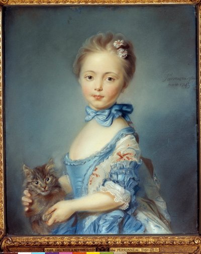 Porträtt av den unga flickan med en katt Målning i pastell av Jean-Baptiste Perroneau (Jean Baptiste Perronneau) (1715-1783) av Jean Baptiste Perronneau