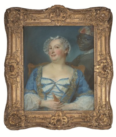 Porträtt av en kvinna i blå klänning och hennes svarta betjänt av Jean Baptiste Perronneau