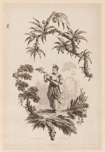 Figur som spelar musikinstrument under gren av Jean Baptiste Pillement
