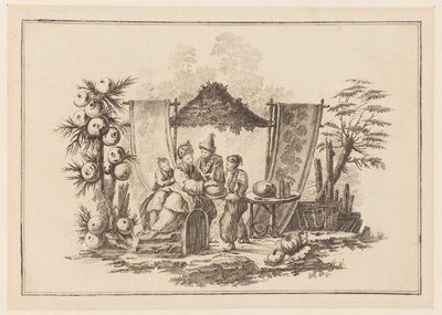 Figurer med en squash, från "Ny anteckningsbok med sex ark av olika historiska kinesiska ämnen" av Jean Baptiste Pillement