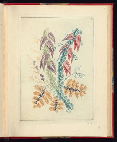 Prydnadsdesign med triangulära lila och röda löv, från New Suite of Natural Flower Notebooks for the Use of Drafters and painters, No.1 av Jean Baptiste Pillement
