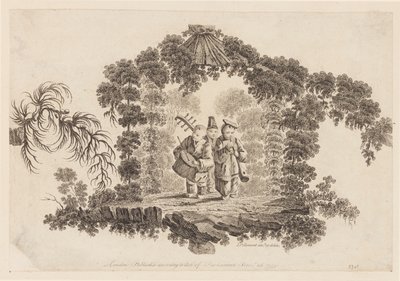 Tre figurer som spelar musikinstrument, från "Samling av flera kinesiska barnspel" av Jean Baptiste Pillement