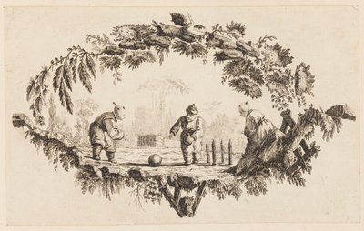 Tre figurer som leker med en boll, från "Samling av flera kinesiska barnspel" av Jean Baptiste Pillement