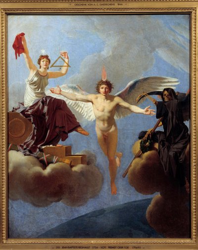 La Liberte ou la Mort Allegorie de la Liberte till vänster, täckt av Diademe de la Reason, arv från Siecle des Lumieres. Med sin vänstra hand viftade hon torget och blytråden som symboliserar jämlikhet i medborgarskap. Den förkroppsligar värdena för t av Jean Baptiste Regnault