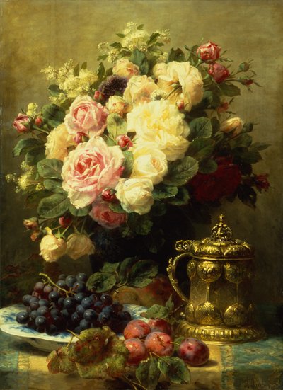 En vas med rosor och en kardong på ett bord (olja på duk) av Jean Baptiste Robie