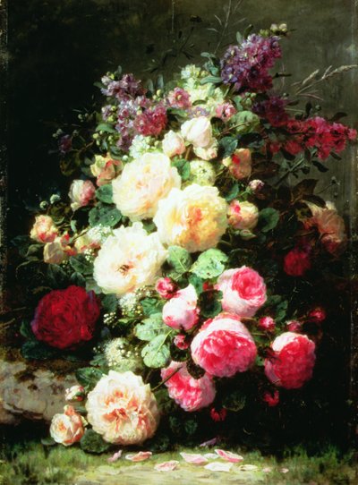 Stilleben med rosor på en mossig bank (olja på panel) av Jean Baptiste Robie