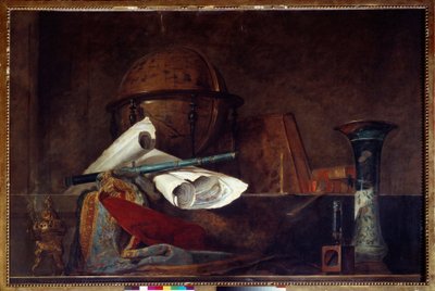 Vetenskapens allegori Stilleben, jordglob, geografiska kartor, böcker och vas. Målning av Jean Baptiste Simeon Chardin (1699-1779) 1700-talets Paris, Musée Jacquemart Andre av Jean Baptiste Simeon Chardin