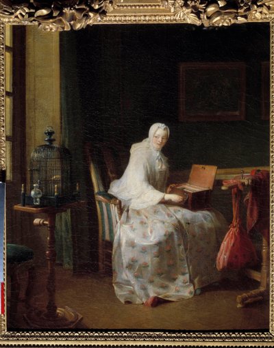 La serinette ou dame variant ses amusements Målning av Jean Baptiste Simeon Chardin (1699-1779) 1700-tal sön. 0,50 x 0,43 m av Jean Baptiste Simeon Chardin