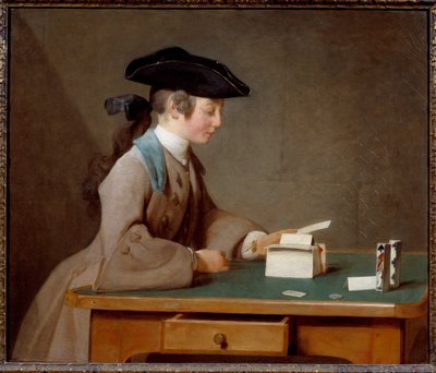 Korthuset eller ljudet av Monsieur Le Noir Målning av Jean Baptiste Simeon Chardin (1699-1779) 1737 Sön. 0,6x0,71 m London, nationalgalleriet - The House of cards (eller Mister Noirs son) - Målning av Jean Baptiste Simeon Chardin (1699-1779), olja på av Jean Baptiste Simeon Chardin
