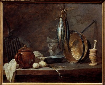 Meny med magert och köksredskap. Fortfarande liv. Målning av Jean Baptiste Simeon Chardin (1699-1779) av Jean-Baptiste Simeon Chardin