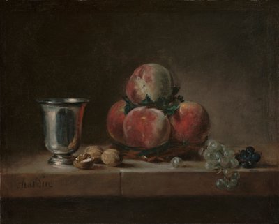 Stilleben med persikor, en silverbägare, vindruvor och valnötter, ca 1759-60 (olja på duk) av Jean Baptiste Simeon Chardin