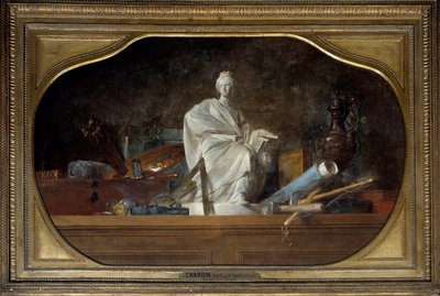 Attributen av Arts Allegory of the arts med skulptörsverktyg, statyett. Målning av Jean Baptiste Simeon Chardin (1699-1779) 1765 sön. 0,91x1,45 m av Jean Baptiste Simeon Chardin