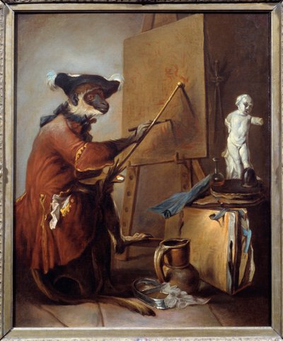 Målarapan. Representation av en apa i människans hållning. Målning av Jean Baptiste Simeon Chardin (1699-1779) av Jean Baptiste Simeon Chardin