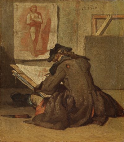 Ung studentteckning (olja på ek) av Jean Baptiste Simeon Chardin