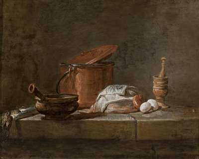 Purjolök, en gryta med duk, en koppargryta med lock, en lök och ägg med mortelstöt, på en stenavsats av Jean-Baptiste Simeon Chardin