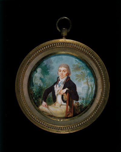 Porträtt Miniatyr av en ung gentleman vid namn Mr Videl, sittande tre fjärdedels längd (ram i förgylld brons) av Jean-Baptiste Soyer
