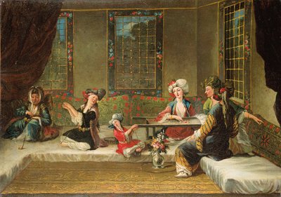 Armeniska kvinnor broderar i en interiör av Jean Baptiste Vanmour