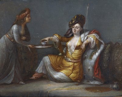 ""Sultana som tar sitt kaffe"" (Sultana tar kaffe) Målning från Jean Baptistes skola (Jean-Baptiste) Vanmour (Van Mour) (1671-1737) Privat samling av Jean Baptiste Vanmour