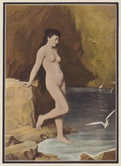Nymf i en grotta (färg litho) av Jean Benner