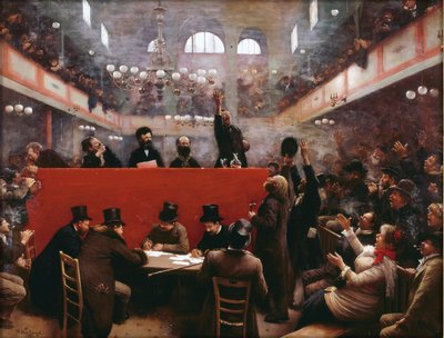 Vid Graffard Meeting Hall (Reunion a la salle Graffard) (belägen på 138, boulevard de Menilmontant i Paris) av Beraud, Jean (1849-1936) av Jean Beraud