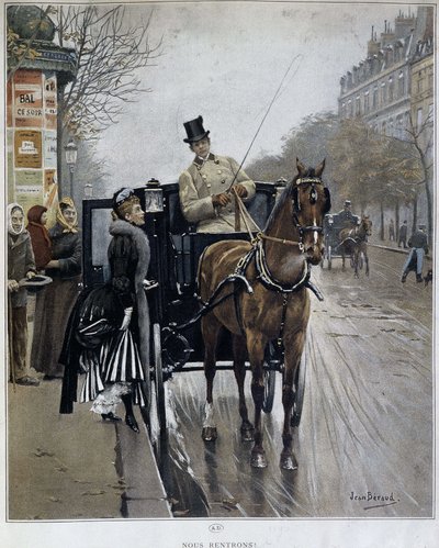 Elegant kvinna i en vagn i Paris: "We returnees" - illustration av Jean BERAUD (1849 - 1935), sent 1800-tal. av Jean Beraud