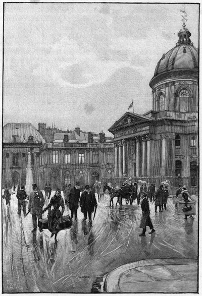 Parisisk scen på 1800-talet: den vänstra stranden med Institut de France. Gravyr av Florian från Berauds målning. Sent 1800-tal. I "" Världens huvudstäder: Paris""". av Jean Beraud