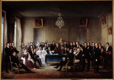 Poeten och dramatikern Francois Guillaume Andrieux läser sin tragedi Junius Brutus ”” i foajén på Comedie Francaise den 26/05/1828” Bland presenterna Alexandre Dumas, Pierre Nicolas Michelot, Jean Francois Becquerel, Firmin, Victor Hugo, Eugene av Jean Beraud