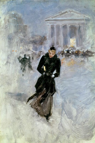Ung elegant kvinna vid boan i rue Royale i Paris Målning av Jean Beraud (1849-1935) 1900-talsturer, Musee des Beaux Arts av Jean Beraud