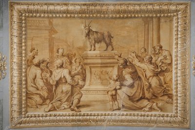 Falskt förgylld relief, med geten placerad på det historiserade altaret och omgiven av figurer i tillbedjan. av Jean Boulanger