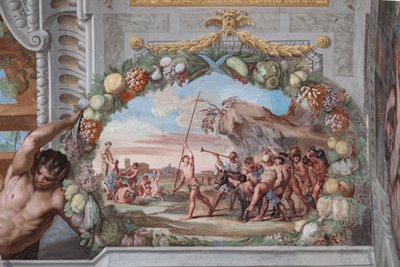 En av de fyrtioen panelerna med scener som berättar om händelserna kring Bacchus av Jean Boulanger