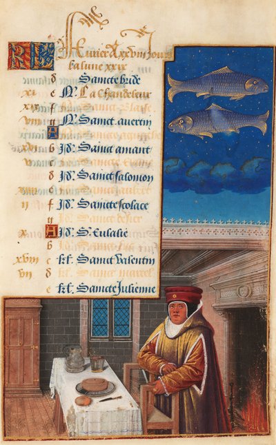 Ludvig XII:s timmar (tidigare Henrik VII:s timmar), kalenderblad för februari månad, ca 1490-1510 (tempera på pergament) av Jean Bourdichon