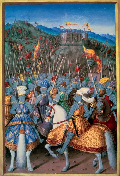 Italienska krig: Kung Ludvig XII (1462-1515) attackerade Genes med sina trupper 1507. Miniatyr från "The Voyage of Genes" av Jean Marot (1450-1526) upplyst av Jean Bourdichon (1457-1521) 1510 Paris, B.N. av Jean Bourdichon