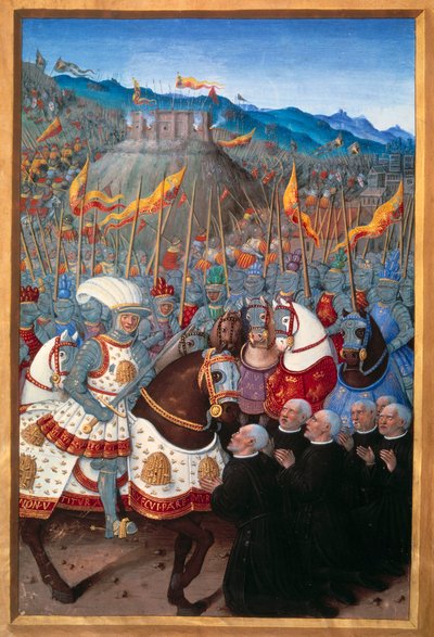 Ludvig XII (1462-1515) tog emot sex borgare från Genes på knä (25 april 1507). Miniatyr av Jean Bourdichon (1457? - 1521) i "" Voyage de Genes"" (Folio 20v) skriven av Jean Marot, v.1508. Paris, B N av Jean Bourdichon