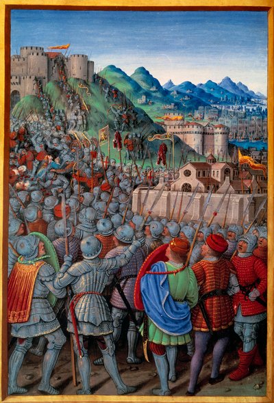 Genois attackerade Castellacio de Genes-vakten av fransmännen (12 mars 1507). Miniatyr av Jean Bourdichon (1457? - 1521) i "" Voyage de Genes"" (Folio 20v) skriven av Jean Marot, v.1508. Paris, NL av Jean Bourdichon