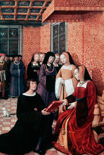 Poeten Jean Marot (1450-1526) överlämnar sitt verk Voyage to Genoa till Anne av Bretagne (1477-1514), ca 1508, miniatyr av Jean Bourdichon (1457-1521). Frankrike av Jean Bourdichon