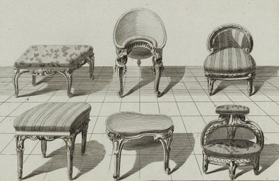 Pallar, toalettbidéer, fotpall, publicerad i mitten av 1770-talet (gravyr på lagt papper) av Jean Charles (after) Delafosse