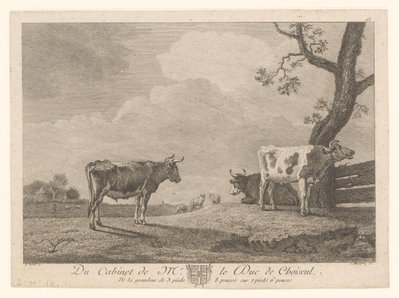 Tre kor på en äng Verk från samlingen av Étienne François de Choiseul (serietitel) Du cabinet de mr. le Duc de Choiseul (serietitel på objekt) av Jean Charles Baquoy