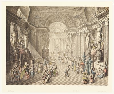 Teckning, vy över maskeradbal, 1770-80 av Jean Charles Delafosse