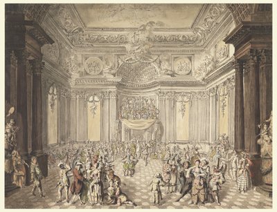 Teckning, vy över maskeradbal, 1770-80 av Jean Charles Delafosse