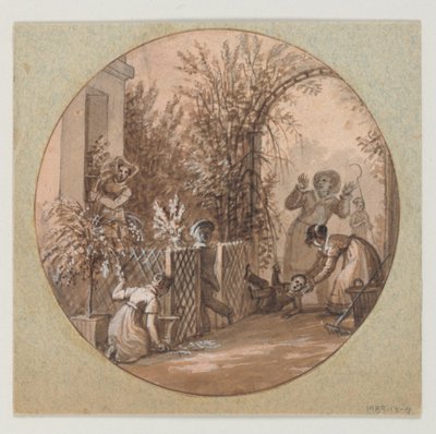 Design för en målad porslinstallrik, trädgårdsscen från Service de la Culture des Fleurs (Flower Cultivation Service) av Jean Charles Develly