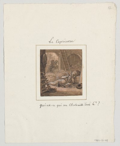 Design för en målad porslinstallrik, Le Capricorne (Capricorn) från le Zodiac Travesti (The Farcical Zodiac) Service av Jean Charles Develly