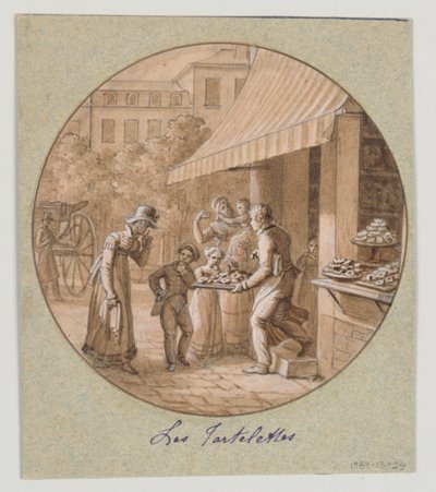 Design för en målad porslinstallrik, Les Tartelettes (Små tårtor) för Service des Objets de Desserts (Dessertservice) av Jean Charles Develly