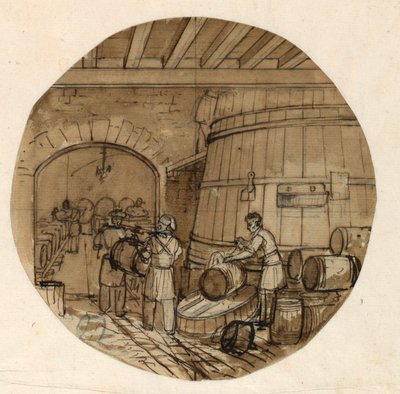 Ritning, Förslag till målad porslinstallrik, interiör från vinbränneri, 1831-44 av Jean Charles Develly
