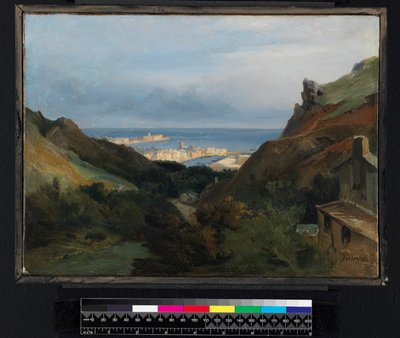 Italienskt landskap med utsikt över en hamn, före 1875 av Jean Charles Joseph Rémond