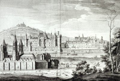 Utsikt över klostret Saint-Germain-des-Pres, Louvren, Petit Bourbon, Montmartre och Seine 1410, graverad av Antoine Herisset (1685-1769) av Jean Chaufourier